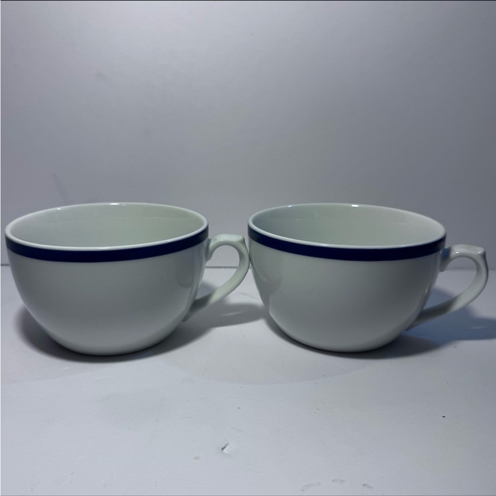 Set of 2 | White Ceramic Williams Sonoma Brasserie Blue Flat Mugs Tea Cups - Picture 2 of 12